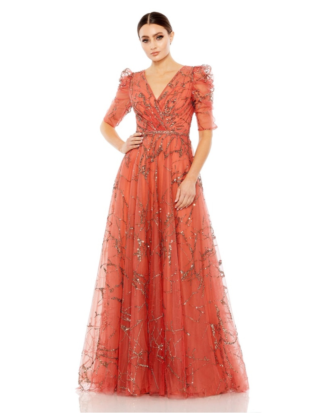 Mac Duggal 20428 Embellished Gathered Puff Sleeve Faux Wrap Gown Size 4 NWT